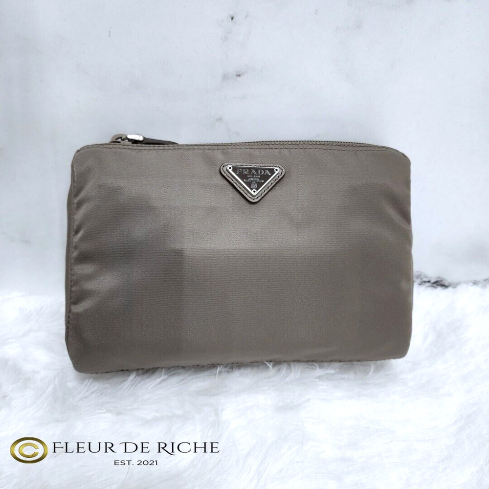 Prada Necessaire Tessuto Nylon Small Toiletry Clutch Case Gray Argilla 1NA011 - Picture 2 of 13